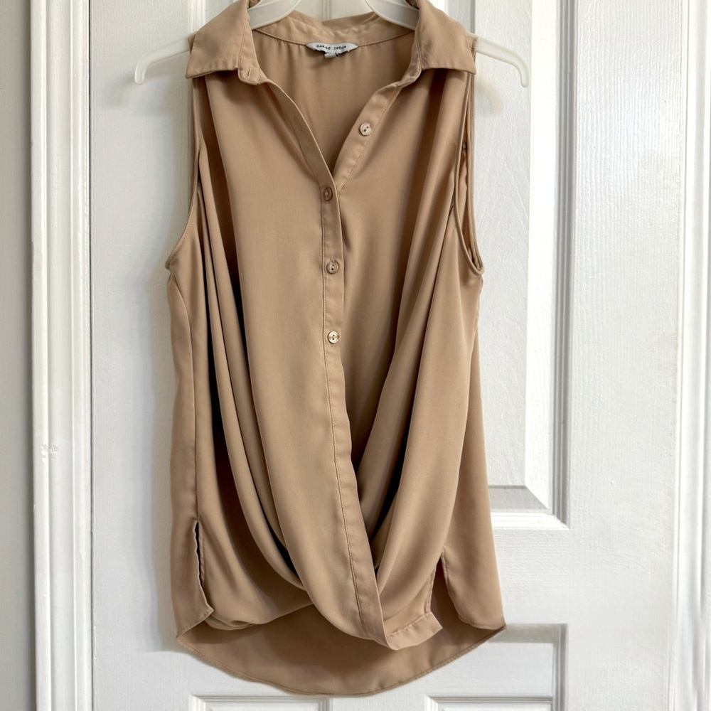 Naked Zebra Tan Sleeveless Cross Over Button Down Blouse Size Small
